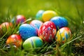 Pastel Paradise: Vividly Colored Easter Eggs in a Lush Spring Meadow. Generative AI