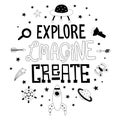 Explore, Imagine and Create poster in Scandinavian style with ha Royalty Free Stock Photo