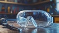 Safety goggles with antifog features for workshop use in industrial setting close-up perspective clarity and protection Royalty Free Stock Photo