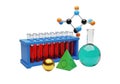 Vibrant science lab setup with molecular model, test tubes, and flask Royalty Free Stock Photo