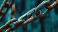 Explore the intricate details of a rusty metal surface adorned with rugged chain links against a softly blurred backdrop Royalty Free Stock Photo