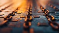 Explore the intricate details of a rusty metal surface adorned with rugged chain links against a softly blurred backdrop Royalty Free Stock Photo