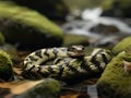 A small, round-headed snake with black spots on its back from middle to tail coils around a mossy rock near a clear river in the