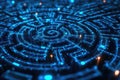 Creative Algorithm Representation in Digital Maze with Glowing Blue Lines and Details