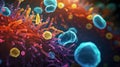 A vibrant and colorful representation of microscopic life. This image showcases cells and microbes in stunning detail. It is ideal Royalty Free Stock Photo
