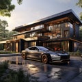 3d rendering of modern cozy house with garage and a car for sale or rent Ai generative