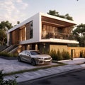 3d rendering of modern cozy house with garage and a car for sale or rent Ai generative