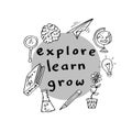 Explore Learn Grow. Inspirational positive quote.