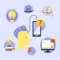 Explore learn idea, vector illustration. Brain gear, learning for creative mind in head, innovation creativity and graph Royalty Free Stock Photo