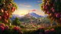 Explore a magical orchard transformed into a surreal wonderland Art. Immerse yourself in a world of oversized, vibrant fruits and