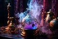 Enchanting witchcraft potion on table, light smoke around, Generative AI