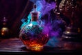 Enchanting witchcraft potion on table, light smoke around, Generative AI