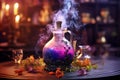 Enchanting witchcraft potion on table, light smoke around, Generative AI