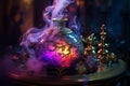 Enchanting witchcraft potion on table, light smoke around, Generative AI