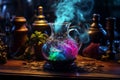 Enchanting witchcraft potion on table, light smoke around, Generative AI