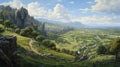 Enchanting Medieval Haven: Village Amidst Majestic Mountains in AI Illustration