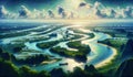 A river delta with a labyrinth of water channels and small islands. landscape, Nature Painting