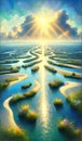 A river delta with a labyrinth of water channels and small islands. landscape, Nature Painting