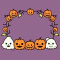 Halloween frame with pumpkins and ghosts on purple background. Vector illustration.Generative AI