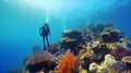Subaquatic Wonder: Diver\'s Awe at Sunlit Coral Reef Beneath the Waves