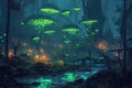 Explore the mesmerizing sight of a lush forest teeming with a profusion of green mushrooms, A dimly lit swamp with glow-in-the-