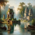 A lake surrounded by ancient ruins and forgotten temples. Landscape, nature painting, Generative Ai