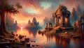 A lake surrounded by ancient ruins and forgotten temples. Landscape, nature painting, Generative Ai