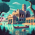 A lake surrounded by ancient ruins and forgotten temples. Landscape, Vector Art, Generative Ai
