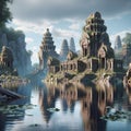 A lake surrounded by ancient ruins and forgotten temples. Landscape Background, Generative Ai