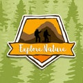 Explore nature label with people hiking mountain