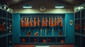 Explore the neat organization of a locker room featuring baseball jerseys bats and gloves for ultimate team readiness Royalty Free Stock Photo