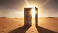 Explore new horizons an open door in the desert illuminates endless possibilities Royalty Free Stock Photo