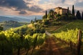 Explore the picturesque dirt road tracing through a lush green vineyard in the beautiful countryside, A peaceful scene of a lush
