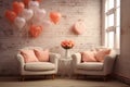 Explore a room beautifully decorated for romantic holiday, complete with airy balloons and snug sofas arranged by a peach fuzz-