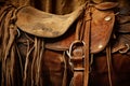 Explore the rugged charm of cowboy riding gear, showcasing a seasoned saddle, lariat, and well-worn leather chaps