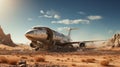 Desert Disaster: Crash-Landing Jet Amidst a Barren Landscape