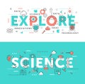 Explore science word abstract thin line vector illustration set with innovation idea symbols, scientific exploring Royalty Free Stock Photo