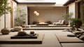 tranquil zen courtyard, fire pit and table retreat. AI generated Royalty Free Stock Photo