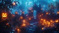 Explore Spooky Path with Glowing Pumpkins in Mysterious Forest for Festive Season Royalty Free Stock Photo