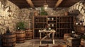 Rustic wine cellar with stone walls and wooden barrels, a picturesque setting for wine connoisseurs Royalty Free Stock Photo