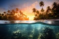 Explore the stunning underwater perspective of a tropical beach adorned with swaying palm trees, A tropical island with crystal