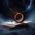 Cosmic Adventures, A Black Hole Emerging from an Open Book with Planets in the Background - Generative AI Royalty Free Stock Photo