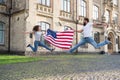 Explore USA. Vacation and travel. Independence day. National holiday. Bearded hipster and girl jumping. 4th of July Royalty Free Stock Photo