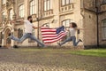 Explore USA. Vacation and travel. Independence day. National holiday. Bearded hipster and girl jumping. 4th of July Royalty Free Stock Photo