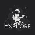 Explore vector illustration, t-shirt design, poster. Monochrome cartoon astronaut holding a blaster with stars on a dark Royalty Free Stock Photo