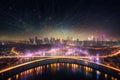 Vibrant city of the future with illuminated skyscrapers and intricate trails. Generative Ai
