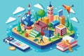 Explore a vibrant isometric world showcasing diverse study abroad opportunities with unique landmarks and activities, Study abroad Royalty Free Stock Photo