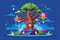 Explore a vibrant magic tree adorned with imaginative elements under a starlit sky, perfect for creative projects, Magic tree Royalty Free Stock Photo