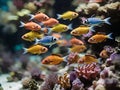 A school of colorful fish navigating through intricate coral formations in the afternoon