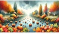 A river scene with floating pumpkins and autumn leaves, creating a whimsical and seasonal image. landscape, Nature Painting